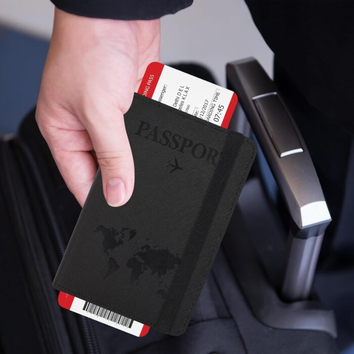 YAVIV Passport Holder for Women and Men, Premium Leather Travel Passport Wallet RFID Blocking Passport Cover, World Map-Black - Image 6