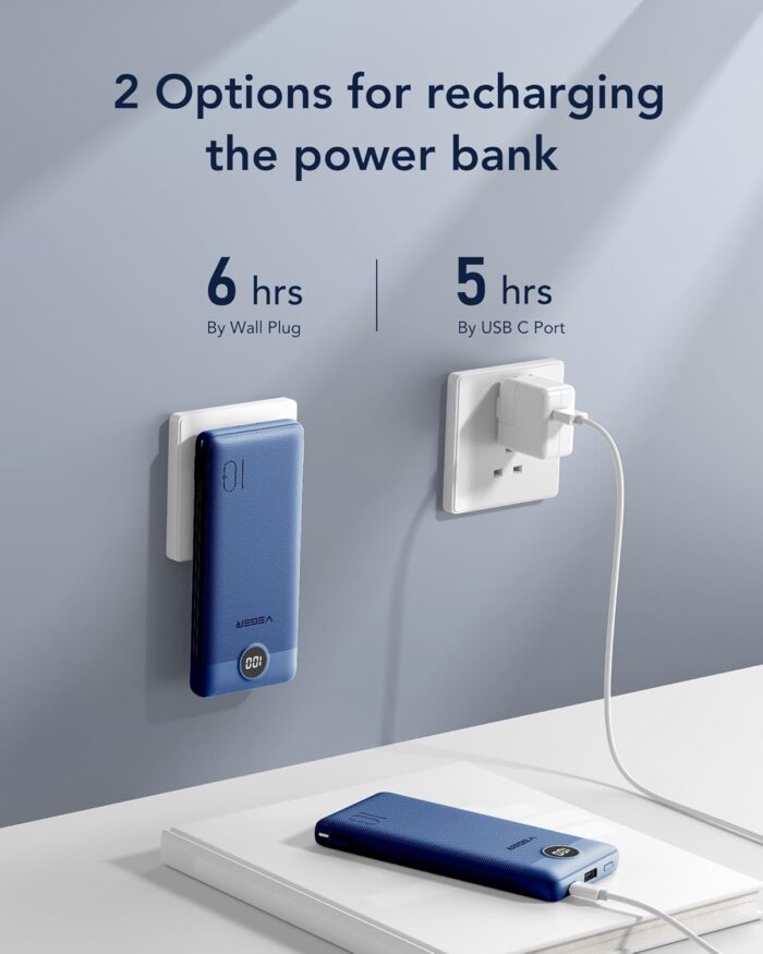 VEGER Portable Charger, 10000mAh Power Bank with Built-in Cables & Wall Plug, USB C Phone Chargers 5 Outputs 2 Inputs, Compact External Battery Pack Compatible with iPhone, Samsung, Google, iPad(Navy) - Image 5