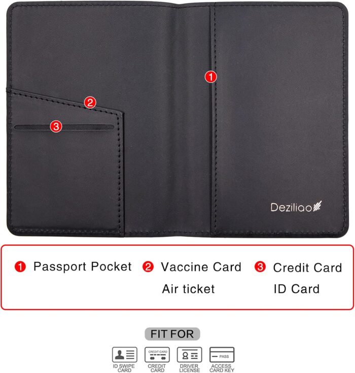 Deziliao Passport and Vaccine Card Holder Combo, PU Leather Passport Holder with Vaccine Card Slot, Passport Wallet for Men and Women, Black, Minimalist - Image 3