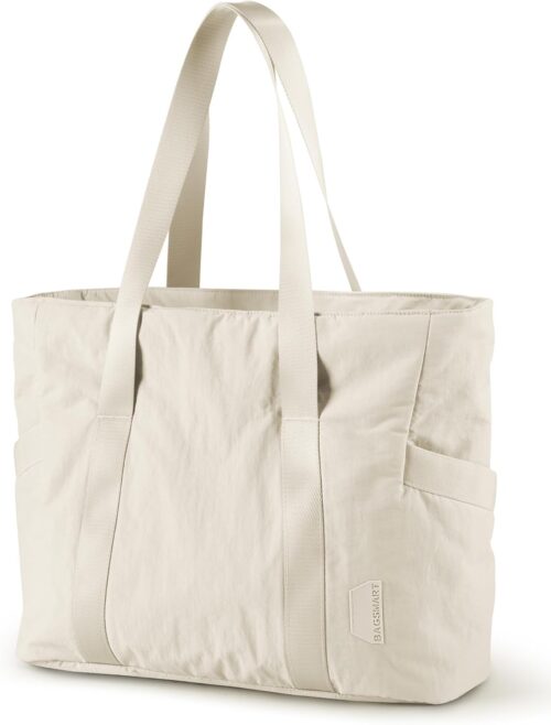 BAGSMART Women Tote Bag Large Shoulder Bag Top Handle Handbag with Yoga Mat Buckle for Gym, Work, Beige,Medium