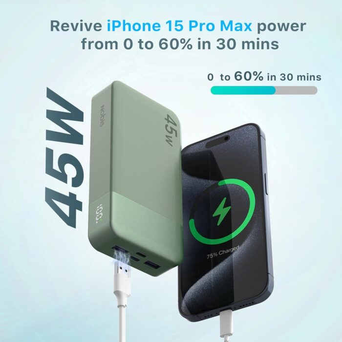 Nobis Power Bank, 20000mAh Portable Charger, 45W USB C in & Out Fast Charging, 4 Ports External Battery Pack with LED Digital Display, Compatible with MacBook, Phone 15 14 13 Pro S23 (Green) - Image 2