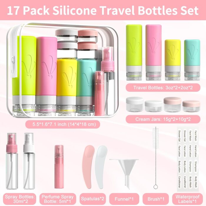 INSFIT Silicone Travel Bottles Set, 17 Pack Travel Size Toiletries, BPA Free Leak Proof Squeezable Silicone Tubes for Shampoo Conditioner Lotion Soap with Labels - Image 2