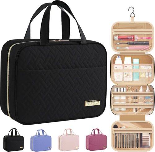 HOTOR Travel Toiletry Bag - Toiletry Bag w/Hanging Hook for Women & Men, Makeup Bag/Big Comparment, Waterproof for Travel Accessories, Travel Essentials, Small, Black