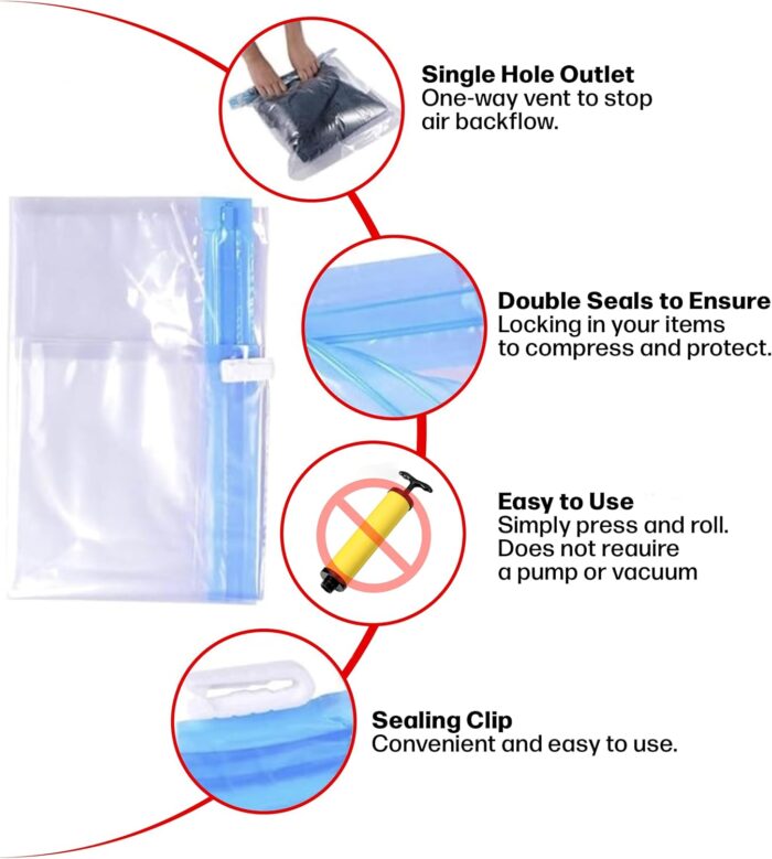 20-Pack Travel Compression Bags by Foursquared | Roll-Up Space Saver Vacuum Bags for Clothes, Luggage, and Storage - No Vacuum or Pump Needed (8 Large, 8 Medium, 4 Small) - Image 4