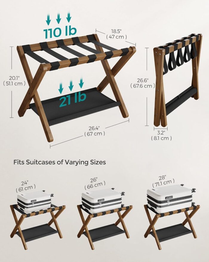 SONGMICS Luggage Rack, Bamboo Luggage Rack for Guest Room, Folding Suitcase Stand, for Hotel, Bedroom, Heavy-Duty, Holds up to 131 lb, Walnut Brown URLR007D01 - Image 5