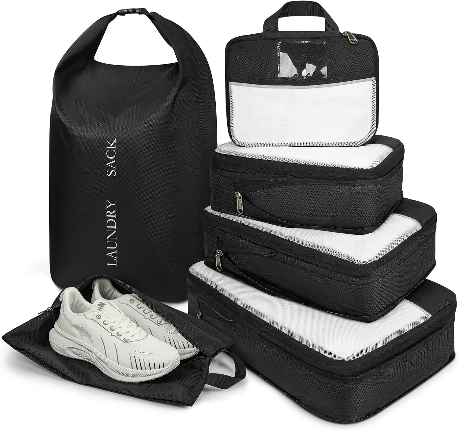 SDYSM Compression Packing Cubes 6 Set Waterproof Travel Luggage Organizer Large Travel Cubes for Packing Clothes Compressible Packing Cube Suitcase Organizer Bags with Shoe Bag, Laundry Bag Black - Image 9