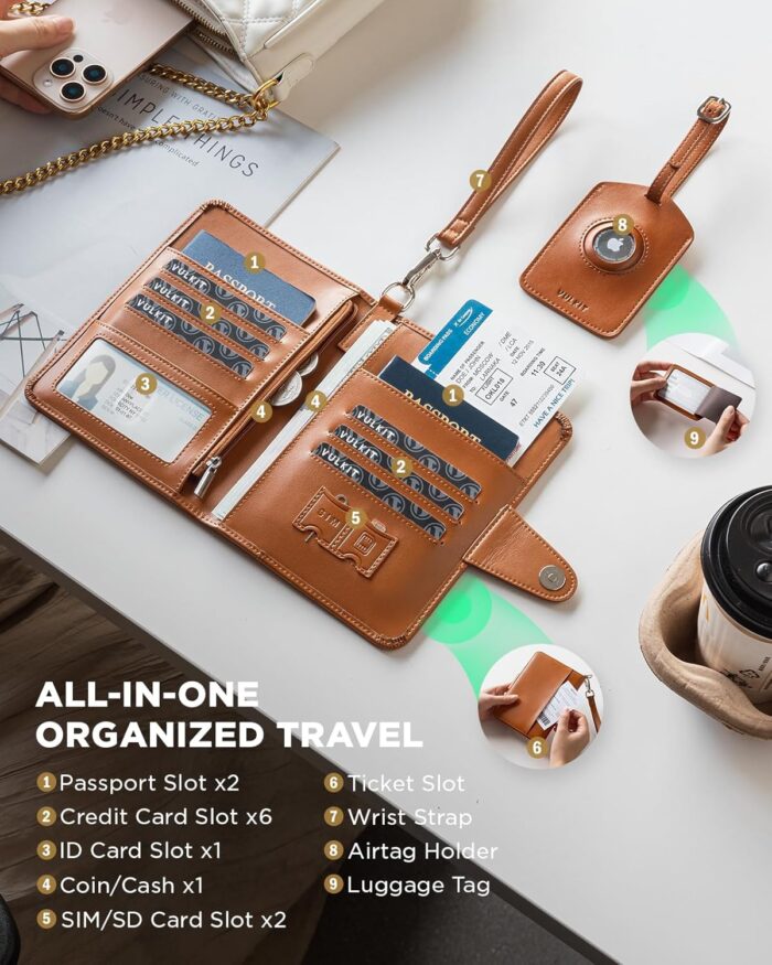 VULKIT Airtag Passport Holder 4 Passports, 2 in 1 RFID Blocking Travel Sim Wallet Cover for Family with Luggage Tag & Wrist Strap, Holds ID Card, 6+ Cards, 4+ Passports, Tickets, Cash, Coin (Brown) - Image 2
