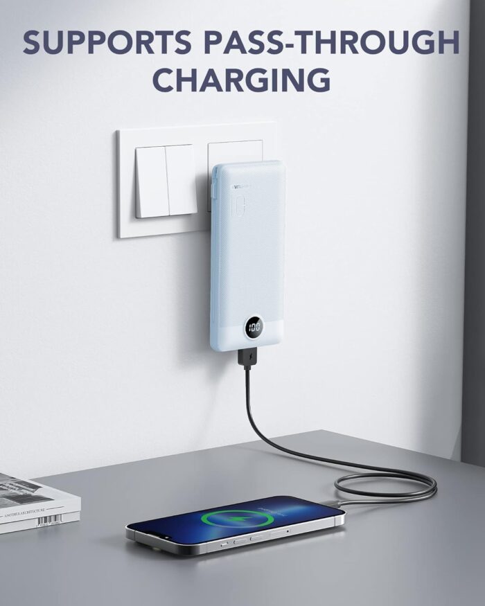 Power Bank Built-in Cables, VRURC 10000mAh Portable Charger USB C, Lightweight Charging Bank Built-in AC Plug, Replacement Battery Compatible with All Kinds of Cellphones, Tablet etc-Blue - Image 4