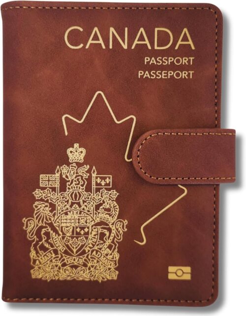 RedDeer Canada Passport Holder Wallet Premium PU Leather Travel Passport Wallet RFID Blocking Passport Cover Case Travel Documents Organizer with Pen Holder, for Women and Men (CAN- Dark Brown)
