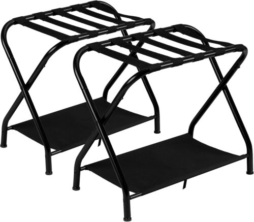 Heybly Luggage Rack,Pack of 2,Steel Folding Suitcase Stand with Storage Shelf for Guest Room Bedroom Hotel,Black,HLR002B2
