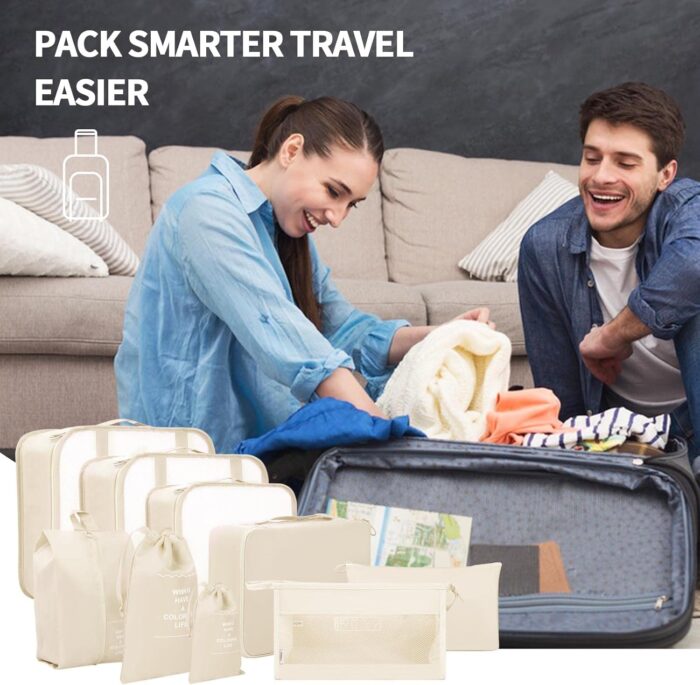 Awvuq 9 Set Packing Cubes Travel Organizer Foldable Travel Packing Cubes Waterproof Compression Packing Cubes for Carry on Luggage Clothes Shoes Travel Accessories (Beige) - Image 6