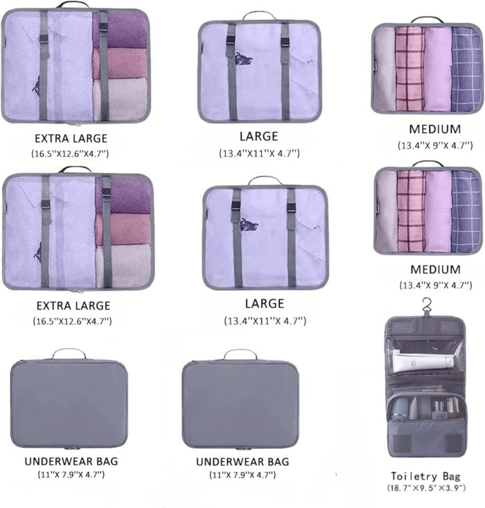 YOLOK 9 Set Packing Cubes Travel Luggage Waterproof Organizers Luggage Organizers with Hanging Toiletry Bag, Multi-Functional Clothing Sorting Packages,Travel Packing （Grey） - Image 2
