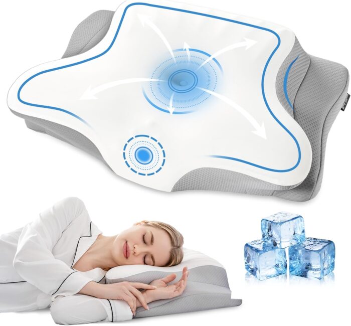 Memory Foam Pillow Neck Support Pillow for Sleeping,Neck Pillow for Neck adn Shoulder,Cooling Pillow with Breathable Silk Case, Coutour Pillows 2 Heights for Side, Back and Stomach Sleepers