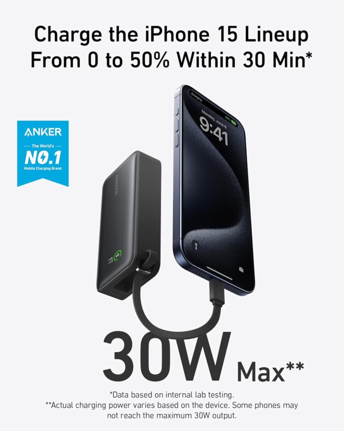 Anker Nano Power Bank, 10,000mAh Portable Charger with Built-in USB-C Cable, 30W Max Output, for iPhone 16/15 Series, MacBook, AirPods, and More - Image 2