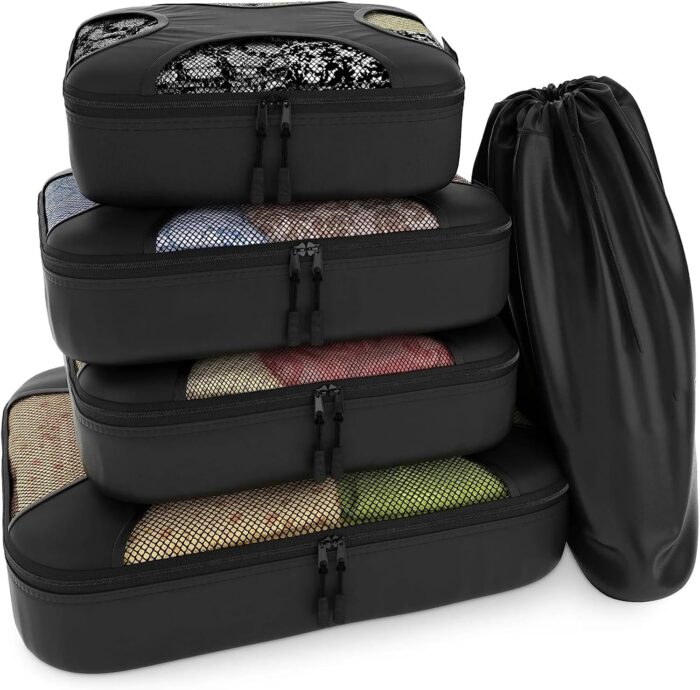 Travel Mesh Organizer 5 Piece Packing Cube for Luggage Suitcase With Laundry Bag (Black)