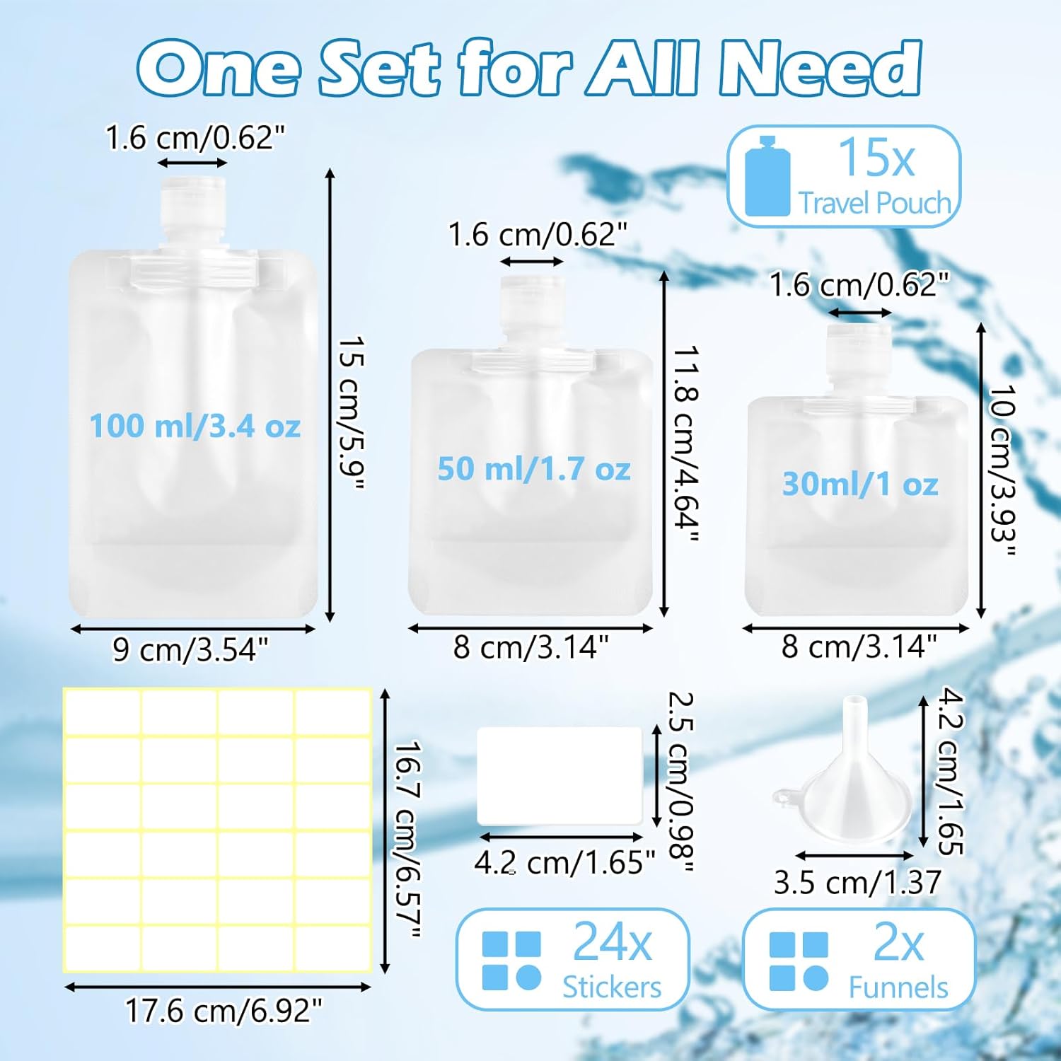 Mulaibdin 15 Pcs Travel Pouches for Toiletries, 30ml/50ml/100ml Leak Proof Squeeze Pouches, Refillable Stand Up Pouches with Labels, TSA Approved Travel Containers for Shampoo, Conditioner - Image 2