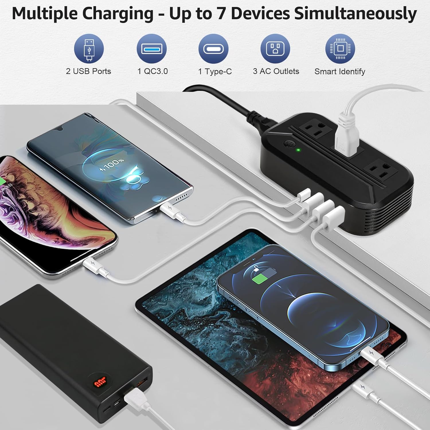 Power Converter 2300W International Step Down Voltage 220V/240V to 110V/120V w/ 4 USB 3 AC Outlets 7 Travel Plug Adapter EU/US/AU/IT/UK/IN/S. Africa for Phone Tablet Camera Laptop and More Electronics - Image 3