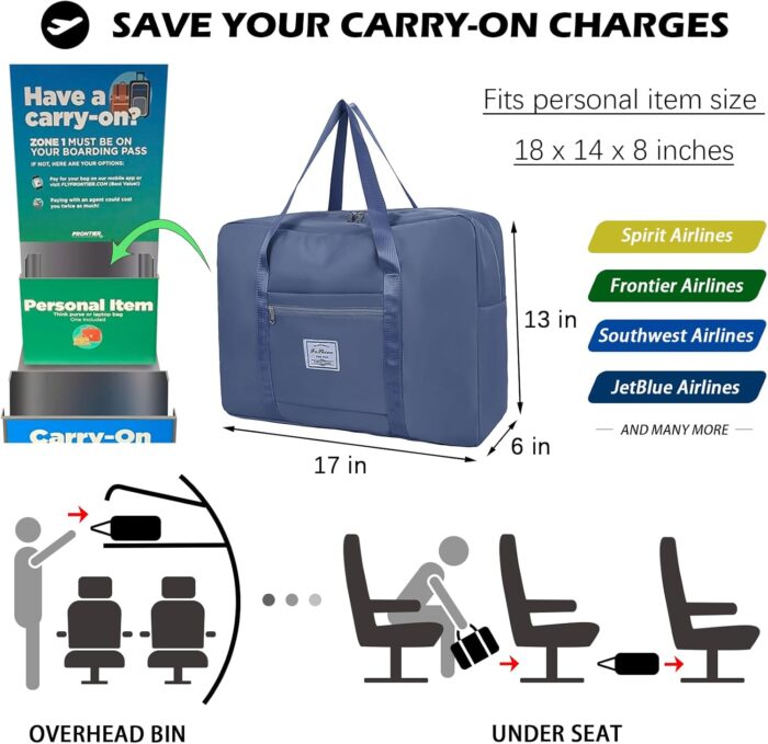 Travel Duffel Bag, for Spirit Airlines Personal Item Bag 18x14x8 Frontier Airlines Carry on Luggage Bag, Weekender Bag for Women and Men (A-Steel Blue) - Image 2