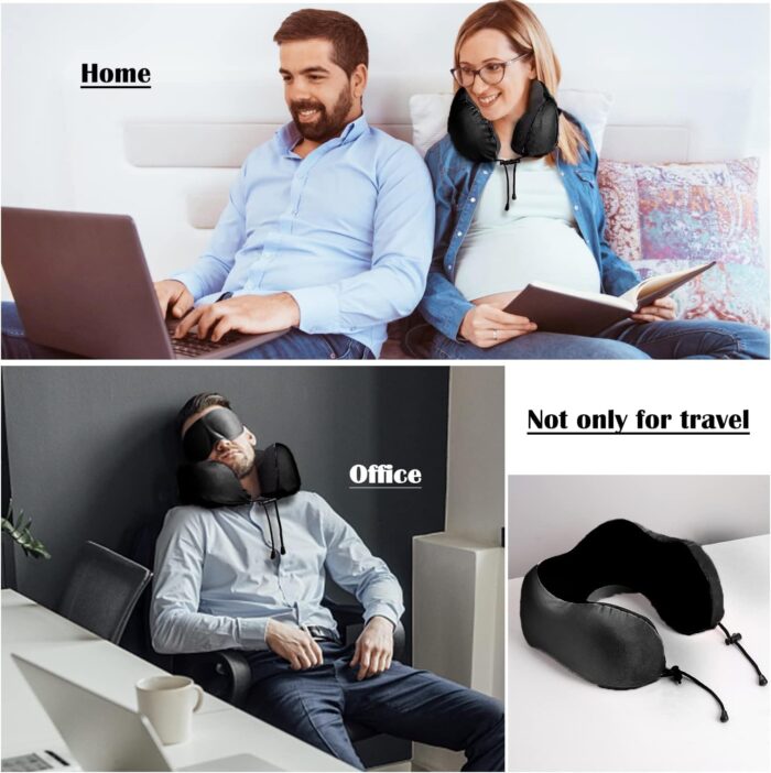 Travel Pillow 100% Pure Memory Foam Neck Pillow, Breathable & Machine Washable Cover, Neck Support Pillow with 3D Contoured Eye Mask, Earplugs & Portable Bag for Airplane Travel (Black) - Image 6