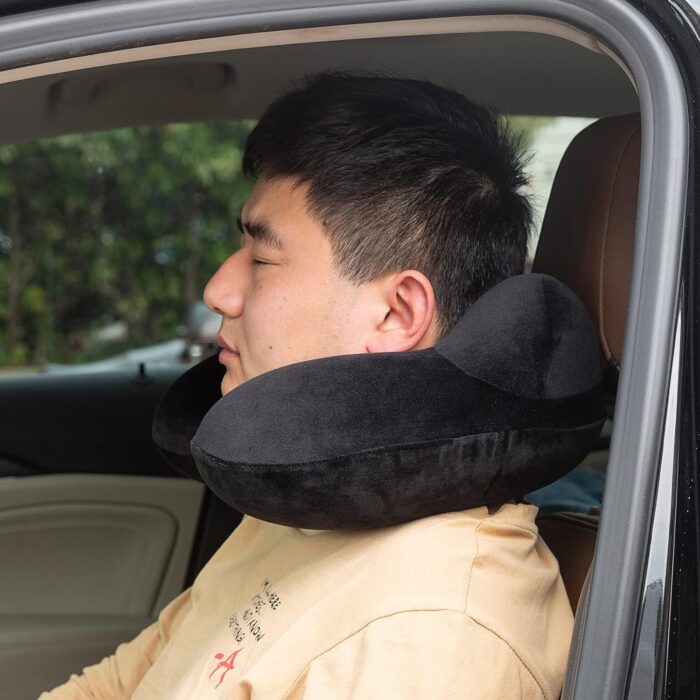 Makimoo Inflatable Travel Pillow, Neck Pillow Support for Traveling, Airplanes, Cars, and Offices with Compact Carrying Bag, Soft Velvet Washable Cover, Ideal for Adult Sleepers (Black) - Image 9
