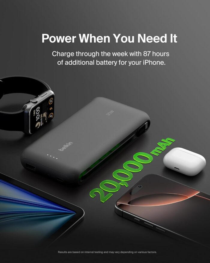 Belkin Portable Charger, Power Bank with Integrated Cable 20000 mAh 30W - Fast Charging USB C Power Delivery, iPhone Charger - iPhone 16 Series, iPad Pro, Galaxy S25 Series, & More - Black - Image 7