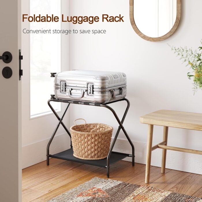 AMHANCIBLE Luggage Rack, Set of 2, Foldable Suitcase Stands for Guest Room, Metal Luggage Holder with Storage Shelf for Bedroom, Hotel, Easy Assemble, Black HLR02BK - Image 3