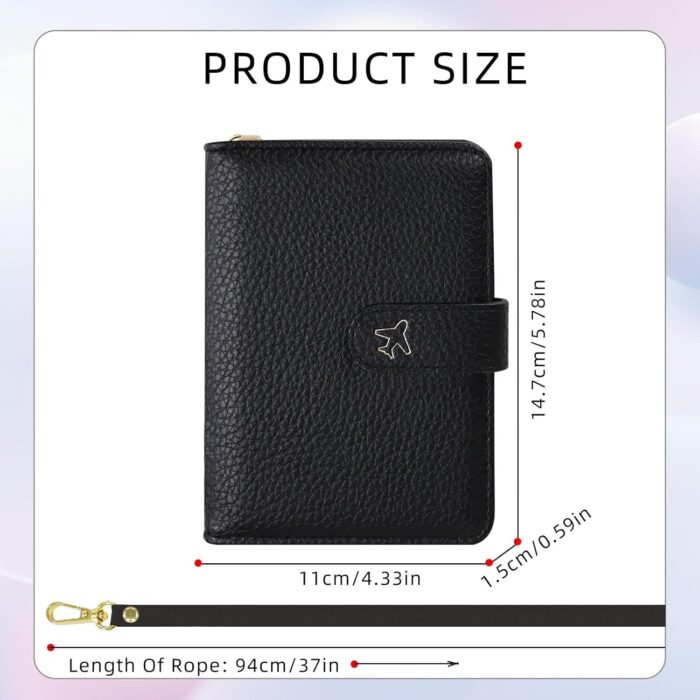 AdiStylinno Passport Holder, PU Leather Passport Wallet with Neck Strap, Travel RFID Blocking Card Cover Case for Men Women (Black) - Image 2