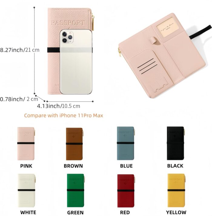 NQQNQQ RFID-Blocking Leather Travel Wallet & Passport Holder with Zipper Pocket, Card Slots, and Phone Compartment – Waterproof Travel Organizer for Women & Men. TG-1 (Pink) - Image 3