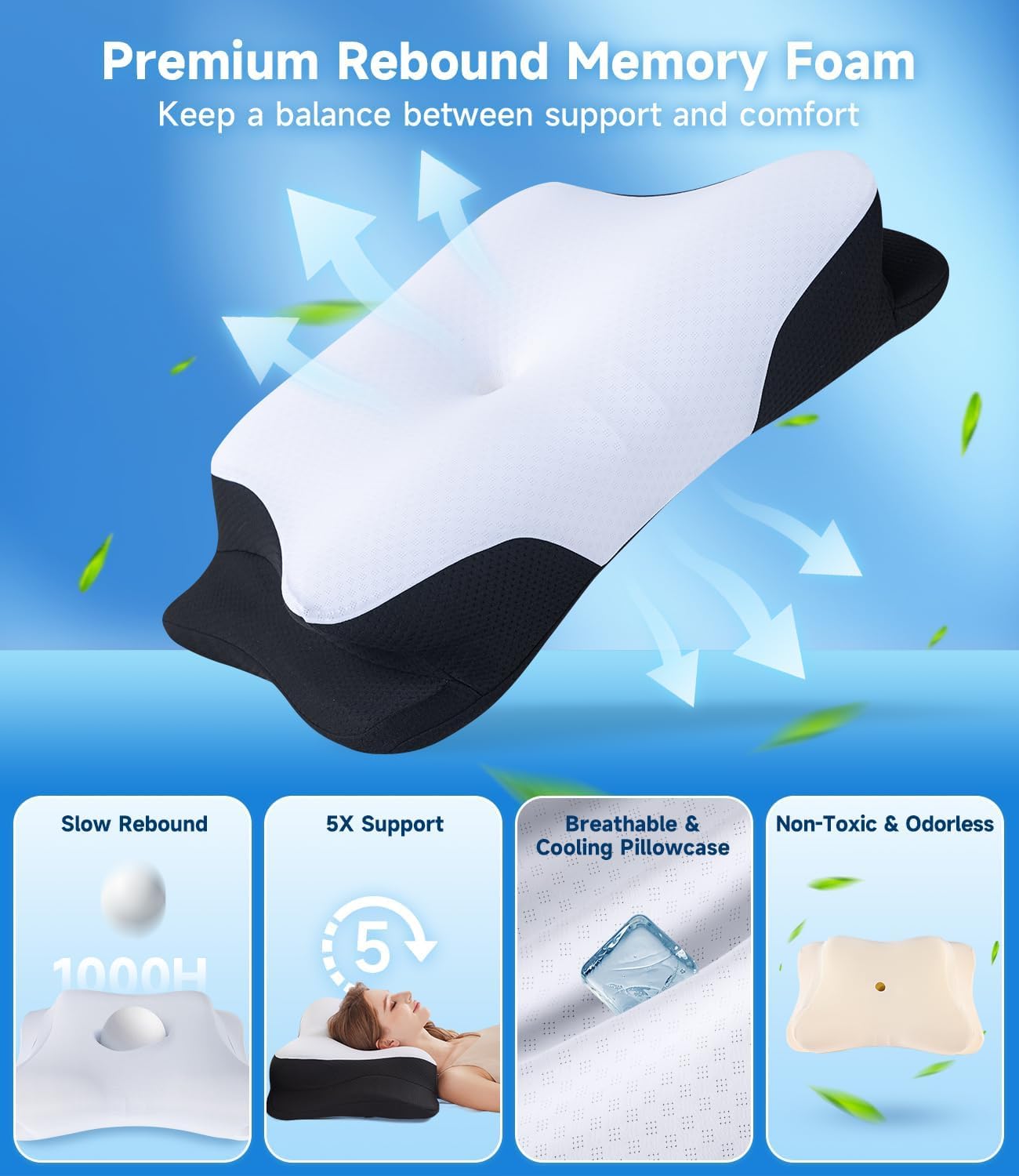 Cooling Cervical Neck Pillow for Sleeping, Contour Side Sleeper Pillow for Adults, Ergonomic Memory Foam Orthopedic Pillow Neck Pain Relief, Stomach Sleeping Pillow with Luxury Cool Cover - Image 8