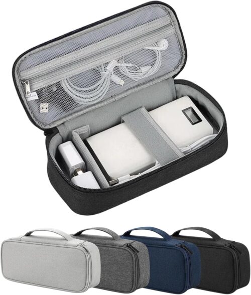 Travel Essentials Tech Pouch Electronics Organizer Case with Removable Dividers for Chargers, Cables & Accessories | 25x12x6.5cm Portable (Black)