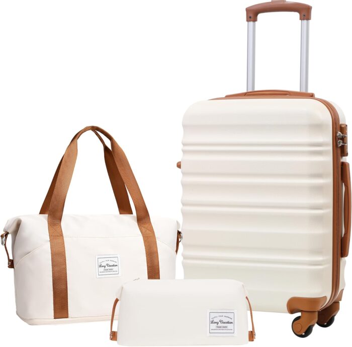 LONG VACATION Carry On Luggage Sets 3 Piece 20 Inch Suitcase Set, ABS+PC Hardshell Lightweight Travel Luggage with Spinner Wheels & YKK Zipper TSA Lock (White-Brown,20 INCH)
