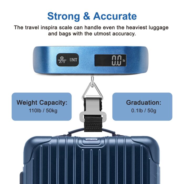 travel inspira Luggage Scale, Portable Digital Hanging Baggage Scale for Travel, Suitcase Weight Scale with Rubber Paint, 110 Pounds, Battery Included - Blue - Image 5