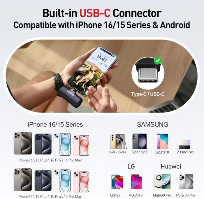 iWALK Portable Charger for iPhone, 5500mAh Wireless Power Bank with LED Display, 22.5W Fast Charging Battery Pack USB C Mini Pow Bank for iPhone 17/16/15 Series, Samsung Galaxy S24 S23 Android, Black - Image 5