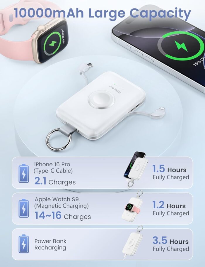 RORRY Portable Charger, 10000mAh PD 20W Fast Charging Portable Charger Power Bank with Built in Cables, Travel Battery Pack for iPhone 17/16/15/14/13/12 and Apple Watch Ultra11/10/9/8/7/6/5, White - Image 5