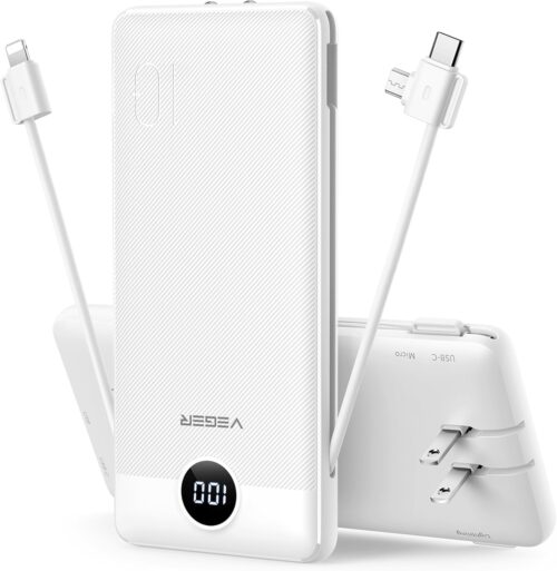 VEGER Portable Charger, 10000mAh Power Bank with Built-in Cables&Wall Plug, USB C Phone Chargers 5 Outputs 2 Inputs Travel Essentials, Slim External Battery Pack Compatible with iPhone, Android(White)