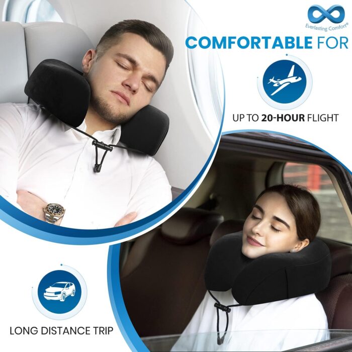 Everlasting Comfort Memory Foam Travel Pillow - Airplane Neck Rest & Plane Accessories (Black) - Image 2