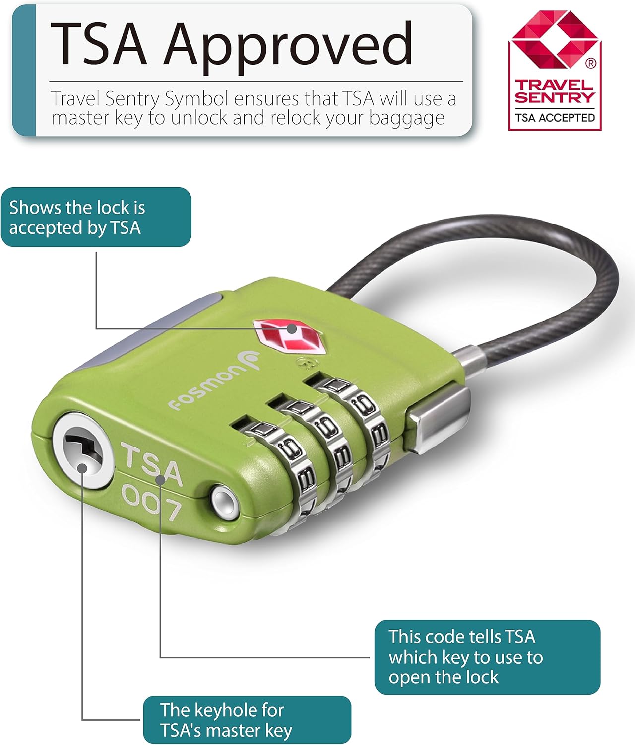 Fosmon TSA Accepted Cable Luggage Locks, 3 Digit Combination with Open Alert Indicator, Alloy Body and Release Button for Travel Bag, Suit Case & Luggage (4 Pack) - Black, Green, Red and Blue - Image 2