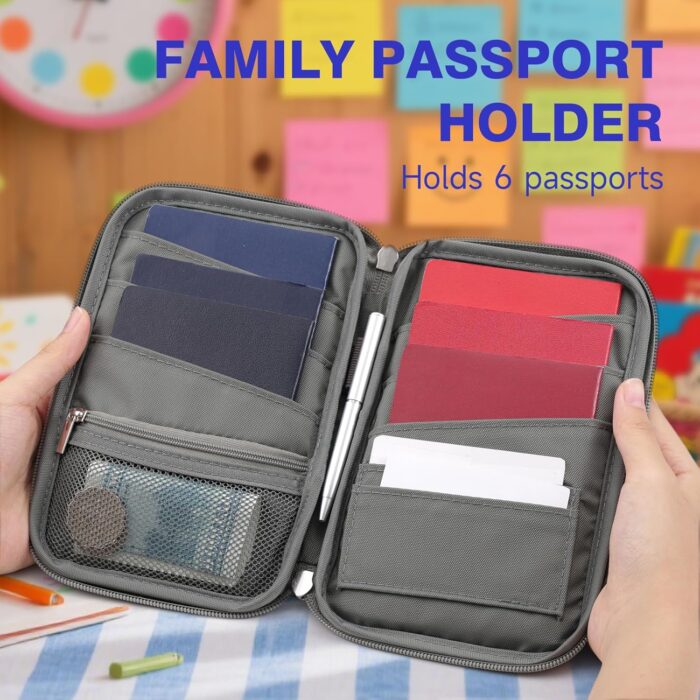 WALNEW Passport Holder for Travel Family, RFID-Blocking Travel Wallet Holder for 6 Passports, Water Resistant Bag Document Organizer for Cards, Cash, Boarding Passes, Tickets - Image 5