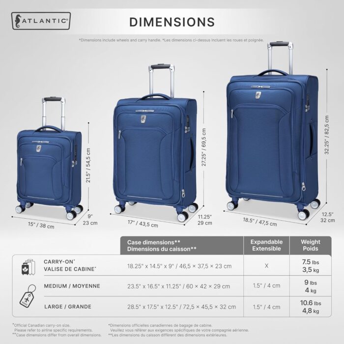 Atlantic Sailbound Softside Large Luggage – Durable Polyester Construction with 8 Spinner Wheels and Retractable Handle, Integrated TSA Lock, Expandable 1.5", Includes 2 Packing Cubes – True Navy - Image 2
