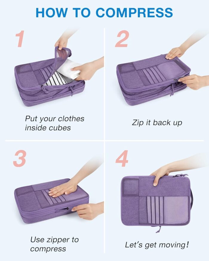 Compression Packing Cubes for Suitcase, 6 Set BAGSMART Travel Packing Cubes for Luggage, Compression Travel Cubes & Suitcase Organizer for Packing with Shoe Bag Purple - Image 2