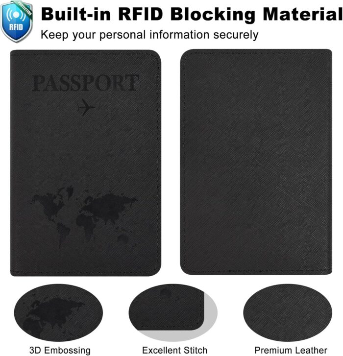 YAVIV Passport Holder for Women and Men, Premium Leather Travel Passport Wallet RFID Blocking Passport Cover, World Map-Black - Image 2