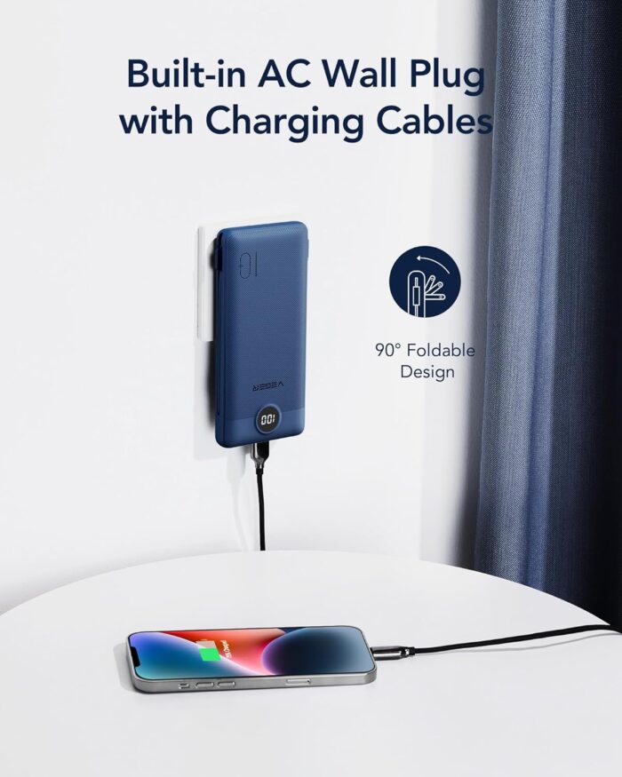 VEGER Portable Charger, 10000mAh Power Bank with Built-in Cables & Wall Plug, USB C Phone Chargers 5 Outputs 2 Inputs, Compact External Battery Pack Compatible with iPhone, Samsung, Google, iPad(Navy) - Image 3