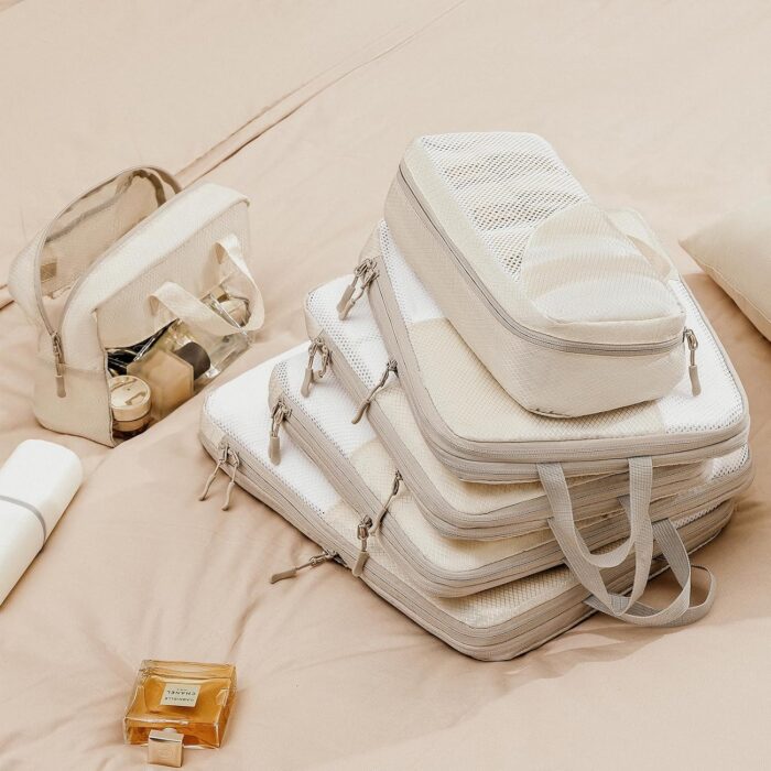 Compression Packing Cubes Travel Organizer,Travel Packing Cubes Compressible for Carry on Luggage Lightweight Expandable Luggage Travel Accessories,8 Set, Beige - Image 4