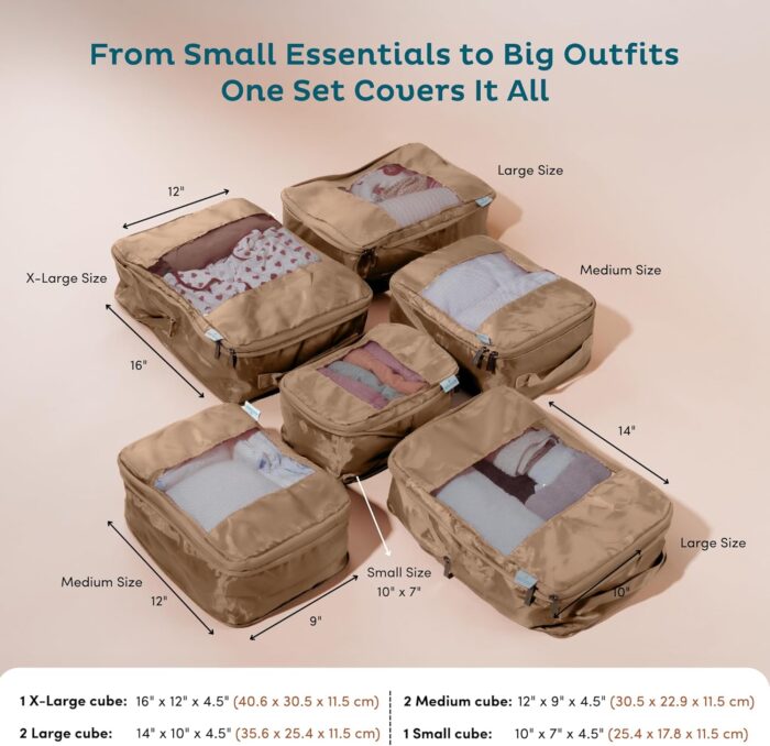 6-Pack Compression Packing Cubes Travel Essentials - Lightweight, Water-Resistant Luggage Organizer Bags with Handles, Durable Travel Accessories Suitcase Organizer (Mocha) - Image 4