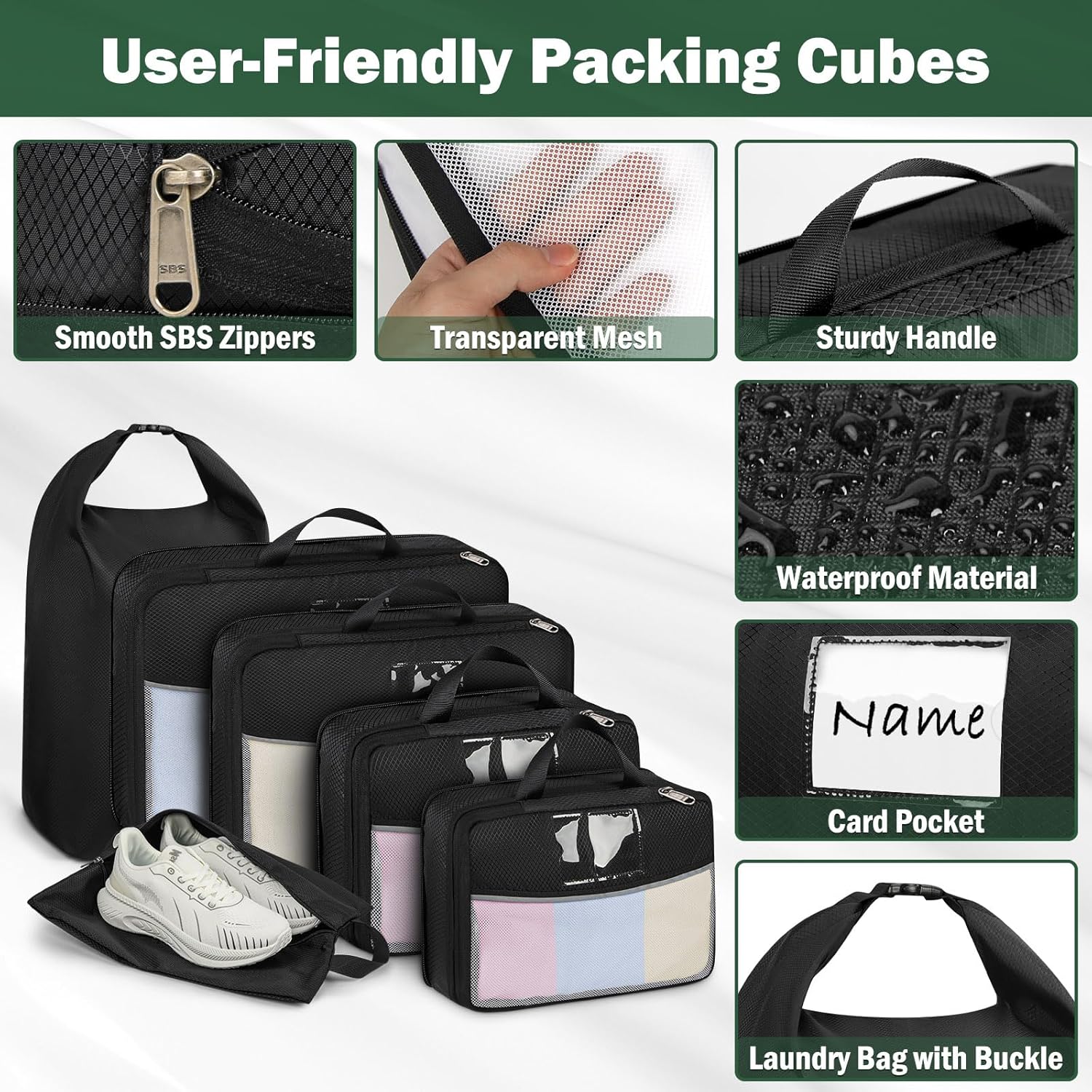 SDYSM Compression Packing Cubes 6 Set Waterproof Travel Luggage Organizer Large Travel Cubes for Packing Clothes Compressible Packing Cube Suitcase Organizer Bags with Shoe Bag, Laundry Bag Black - Image 3