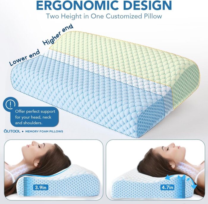 QUTOOL Neck Support Pillow for Sleeping, Cooling Memory Foam Pillow for Neck and Shoulder, Bed Pillow Side Back Stomach Sleeper Pillow for Adults - Image 2