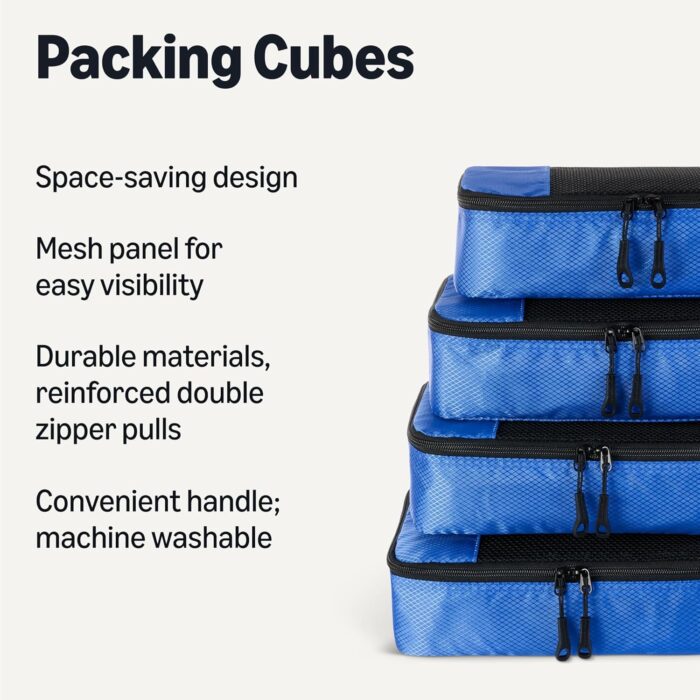 Amazon Essentials 4-Piece Packing Cubes Travel Accessories Set, Luggage Organizer with Double Zipper, Mesh Top, 100% Polyester, Small/Medium/Large/Slim, Blue (Previously Amazon Basics) - Image 2