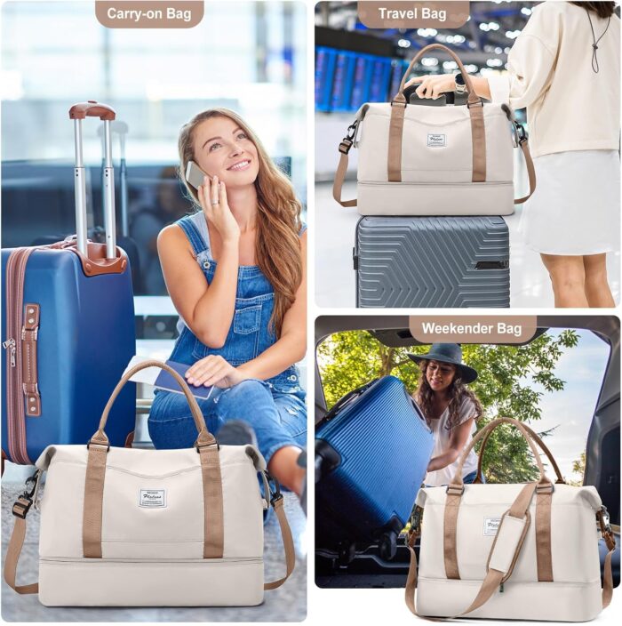 BJLFS Weekender Bag for Women Travel Duffel Bag with Shoes Compartment Lightweight Carry on Luggage Bag for Airplanes Overnight Duffle Bag Waterproof Beach Bag Sports Gym Tote Beige Brown - Image 3