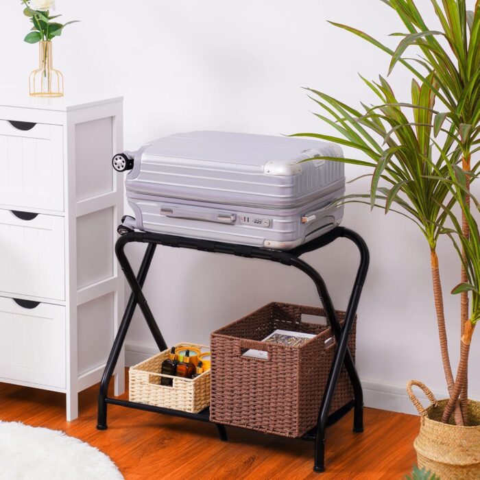 Heybly Luggage Rack,Pack of 2,Steel Folding Suitcase Stand with Storage Shelf for Guest Room Bedroom Hotel,Black,HLR002B2 - Image 4