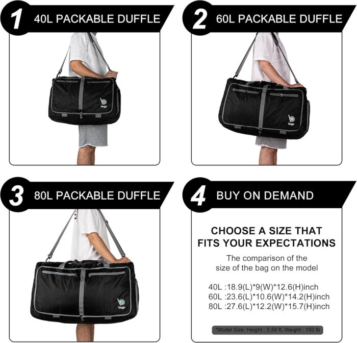 Bago Large Foldable Duffel Bags for Traveling Women & Men - 80L Packable Duffle Bag for Travel with Shoe Compartment - Water Repellant, Heavy Duty, Lightweight Folding & Collapsible (Purple) - Image 9